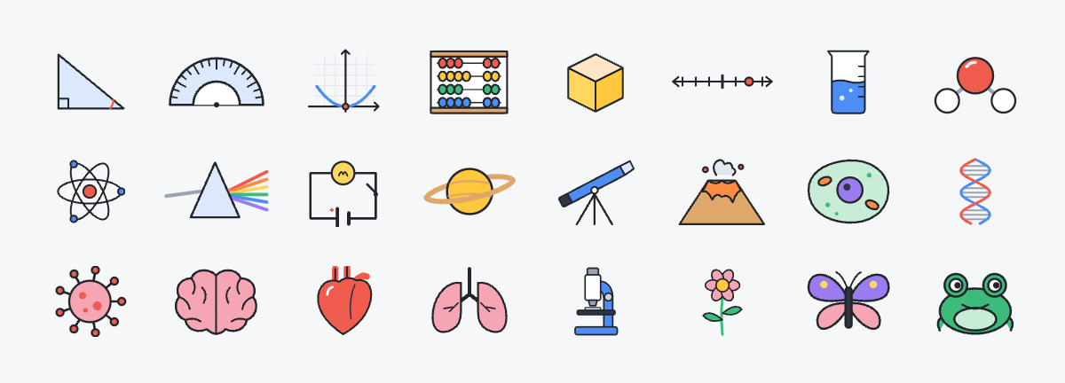 Subject illustrations: right triangle, protractor, graph axes with a parabola, abacus, cube, number line, beaker, water molecule, atom, prism splitting light, electric circuit, Saturn, telescope, volcano, cell, DNA, virus, brain, heart, lungs, microscope, flower, butterfly and frog