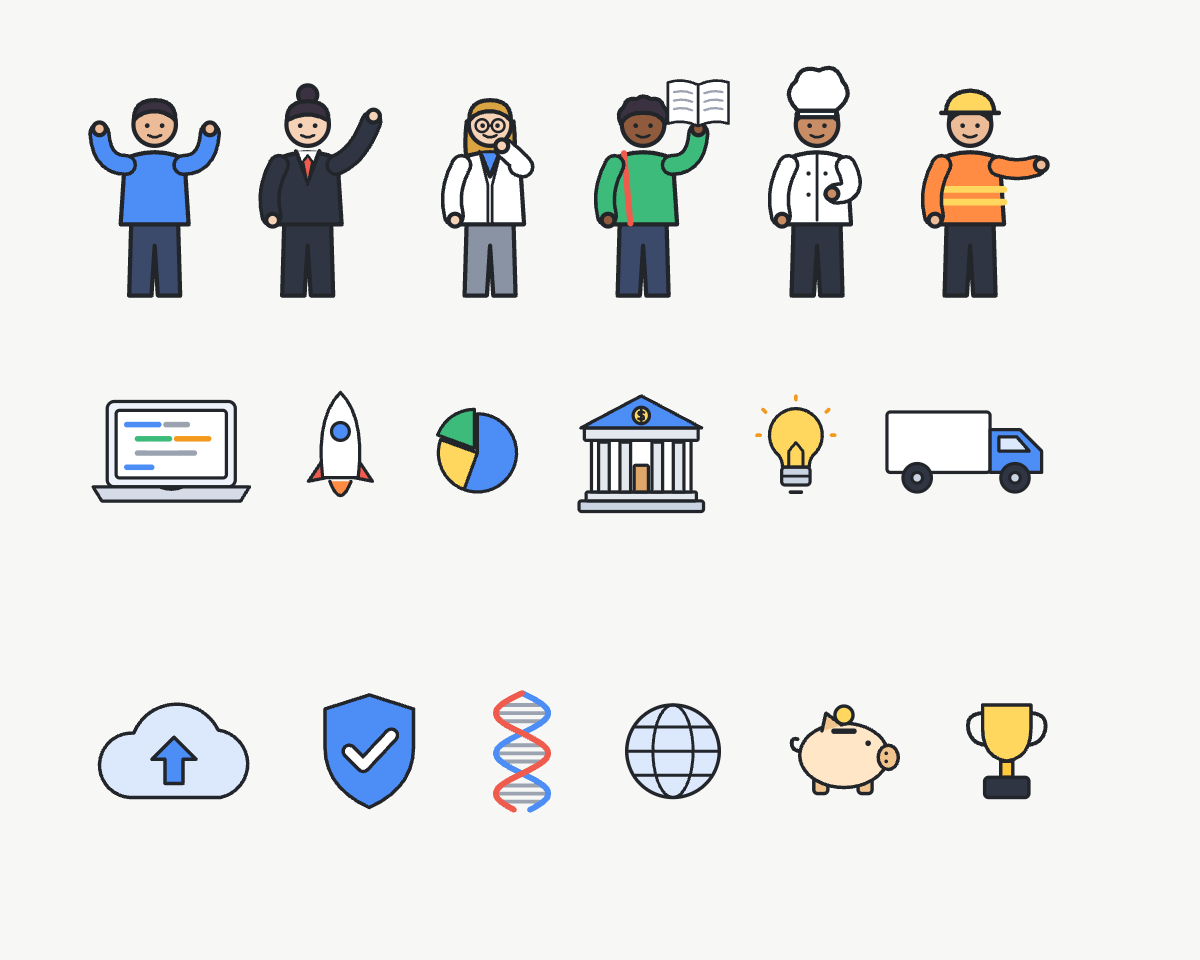 A sample of the illustration library: six people in different outfits, a laptop, rocket, pie chart, bank, light bulb, truck, cloud, shield, DNA, globe, piggy bank and trophy